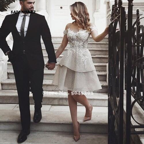 Off The Shoulder Short Wedding Dress 2021 Champagne Appliques Lace Bride Gown Knee Length Backless Robe De Mariée Vestido France