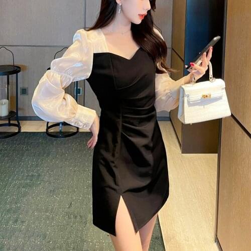 French Vintage Midi Dress Women Elegant Sexy Split Long Sleeve Dress Office Lady V-Neck Patchwork Evening Party Dress Korean New