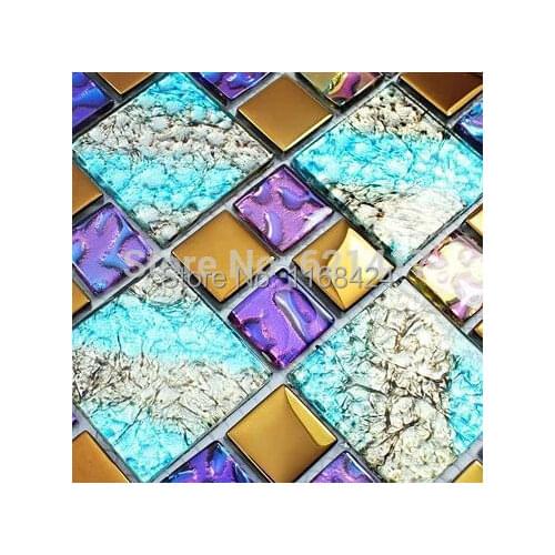 Gold foil Iridescent symphony electroplating crystal glass mosaic tile EMGM1049 for kitchen backsplash decoration tiles