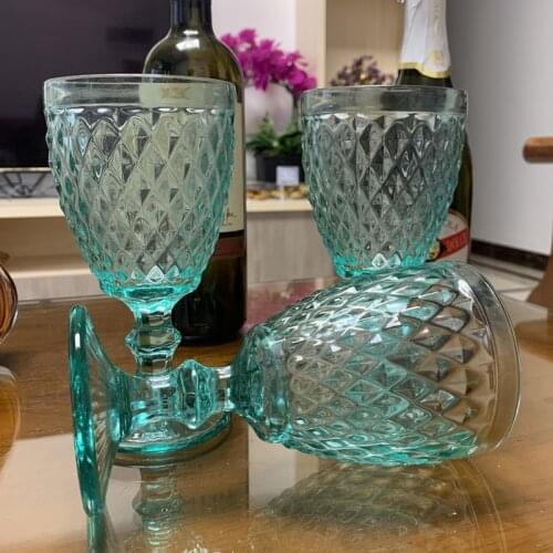 3pcs / lot Aquamarine 300ml Diamonds Relief Wine Glass Goblet Retro Juice Drinking Cup Spirits Wedding Party Beverage Glasses