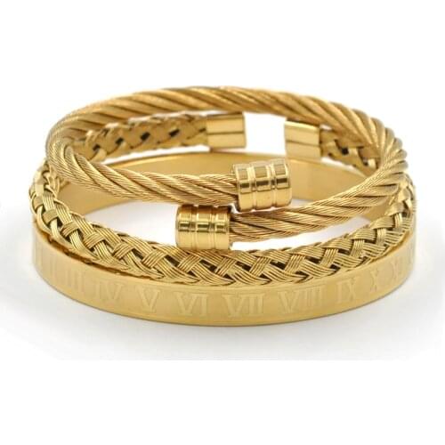 Luxury Titanium Steel Set Roman Numeral Bracelet Men Buckle Bangle Gold Black Color Pulseira Cable Wire Bangles Handmade Jewelry