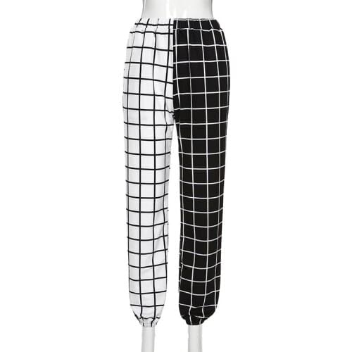 Black White Patchwork Pants Women Casual 2020 Plaid Checker Joggers Athleisure High Waist Trousers Female Clothes