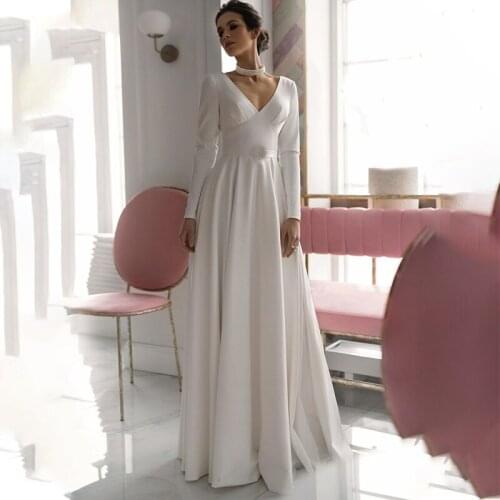 Elegant A Line V-Neck Satin Wedding Dress Long Sleeves Floor Length Cheap Simple Plus Size Backless Buttons Sash Bridal Gown