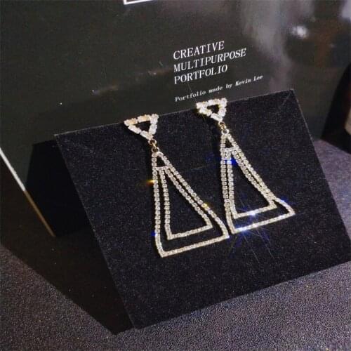Elegant Shiny Crystal Rhinestone Zircon Long Tassel Stud Earrings Geometric Triangle Pattern Earring for Women Wedding Jewelry