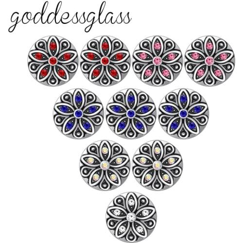 Beauty 10pcs mixed Round Rhinestones Flowers pattern 12mm snap buttons fit 12mm snap bracelet jewelry wholesale KZ9129