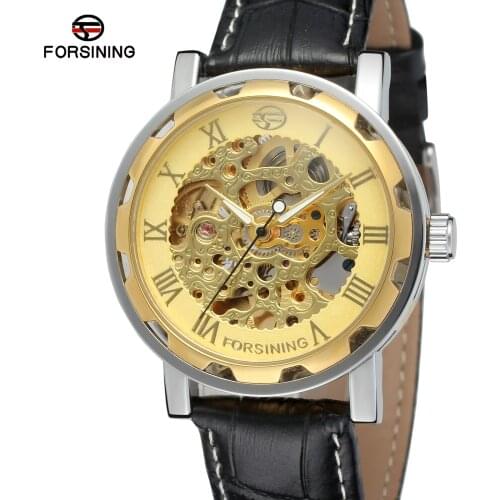 Fashion Forsining Top Brand Mens Watch Vogue Automatic Self-wind Movement Leather Strap Analog Skeleton Wristwatches