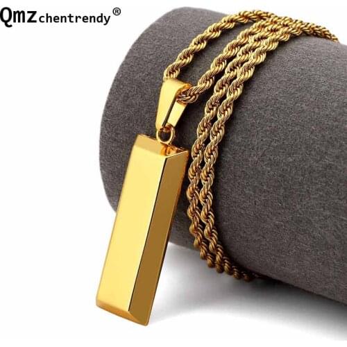 Hip hop High quality Mens Gold Smooth Bullion Golden Bar Pendant Necklace Male Hip Hop Punk Square Jewelry
