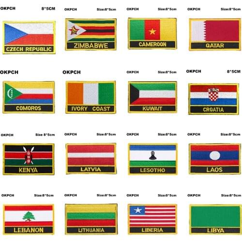 National Flag Embroidery Patch Badge Czech Rep. Zimbabwe Cameroon Qatar Comoros Ivory Coast Kuwait Croatia Kenya