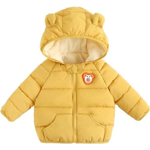 2021 new childrens fashion plush and thickened warm cotton clothing boys and girls' solid color cartoon bear print Hooded Jacke