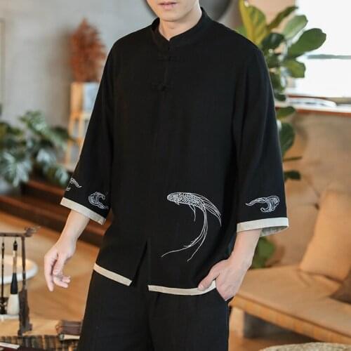 2021 New Men’S Summer Cotton Linen T Shirt Male Chinese Style Embroidery T-Shirt Solid Linen Tshirt Tops Plus Size M-5Xl 30705