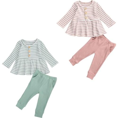2020 Autumn Knited Kids Baby Girl Clothes Striped Long Sleeve Button Dress Top+Solid Long Pants 2pcs Set Outfits