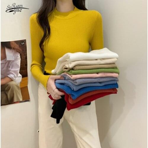 Autumn and Winter Candy Color Slim Slimming Stretch Top Half-high Neck Long-sleeved Knitted Outer Pullover Bottoming Shirt16175