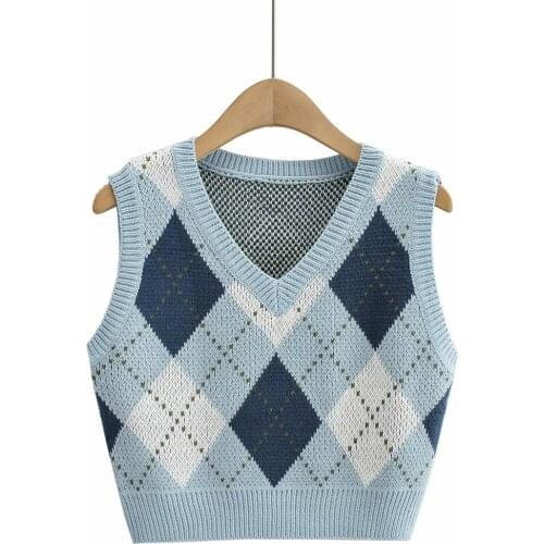 Fall Vintage Knitted Sweaters Vest Cropped Tops Women V Neck Sleeveless Slim Plaid Pullover Tanks Casual Preppy Jumper Clothes