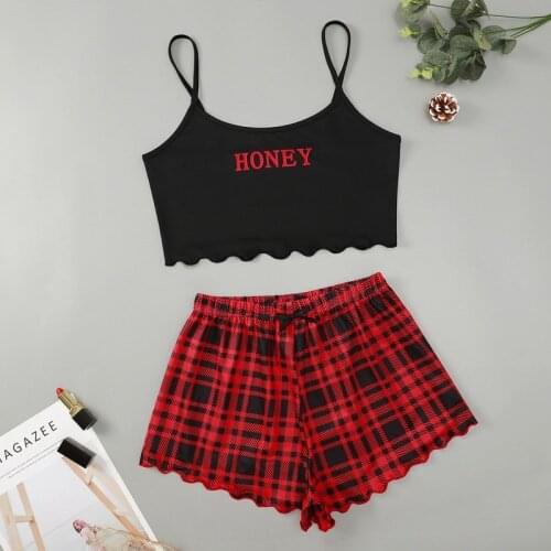 Sleep Tops + Plaid Pants Pajamas for Girls Summer Sexy Sleepwear Sleeveless New Years Pijamas Nightwear Women