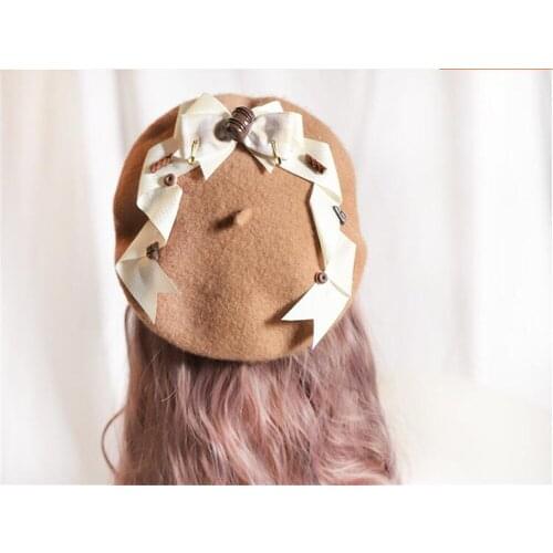 Vintage Chocolate Cream Tiramisu Bow Beret Flat Cap Womens Sweet Lolita Girl Fall Winter Warm Brown Painters Hat B1516