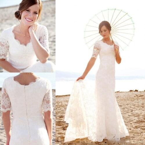 Modest Short Sleeves Wedding Dresses with Pearls For Beach Garden Elegant Brides Hot Sale Cheap Lace Mermaid Bridal Gowns Vestid