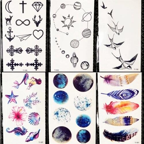 Black Galaxy Moon Plante Tattoo Stickers Women Body Arm Art Painting Temporary Decor Tattoo Men Feather Neck Flash Tatto Ear