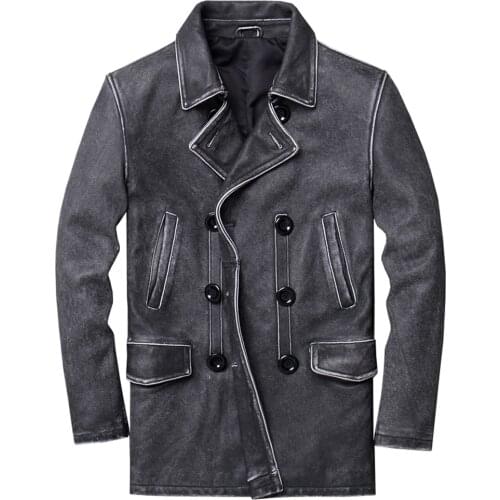 Vintage Cowhide Mens Leather Trench Coat Long Genuine Leather Windbreaker Jackets Winter Streetwear European and American Style