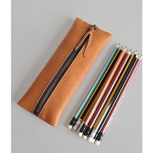 100% Genuine Leather Pen Bag Vintage Handmade Pencil Holder Men Women Children Long Zipper Case Purse Student School Supplies