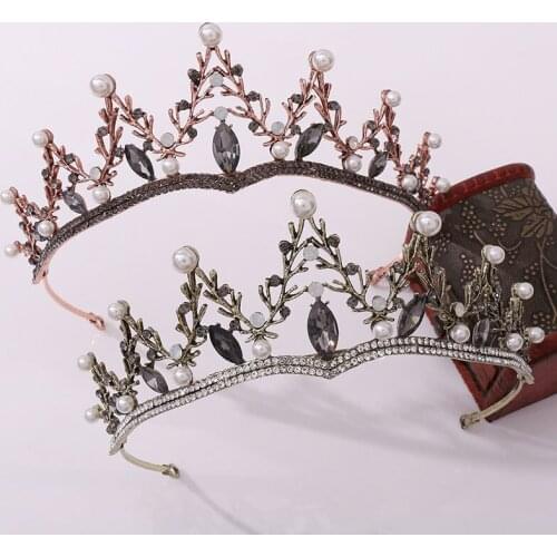 FORSEVEN Vintage Baroque Style Black Crystal Pearls Tiaras and Crowns de Noiva Bride Wedding Hair Jewelry Headbands for Women