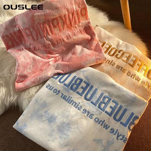 Ouslee Womens T-Shirts Oversized Tie Dye Printed Short Sleeve O-Neck Harajuku Letter Embroidery Hip Hop Loose All-match T-Shirt