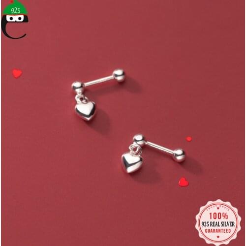 ElfoPlataSi Real 925 Sterling Silver Fashion Heart Pendant Beads Screw Stud Earrings For Women Wedding Party Fine Jewelry DD969