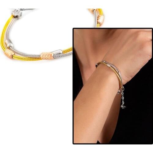 Tesbihane Double Row Silver-Gold Color 925 Sterling Silver Dorika Women Bracelet