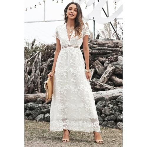 Womens Summer White V Neck Lace Maxi Dress elegant high quality short sleeve ankle-length patchwork zip hollow out