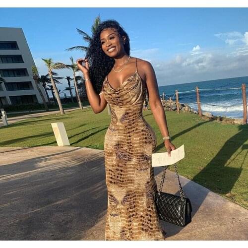 Serpentine Print Maxi Club Dress Women Sexy Camis V-Neck Bodycon Mermaid Gown Female Waist Shaping Vestidos Hot Trend Summer