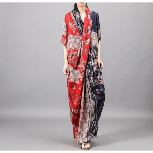 Harajuku print women dress personality collar dresses long loose plus size silk + cotton long sling dress vintage elegant robe