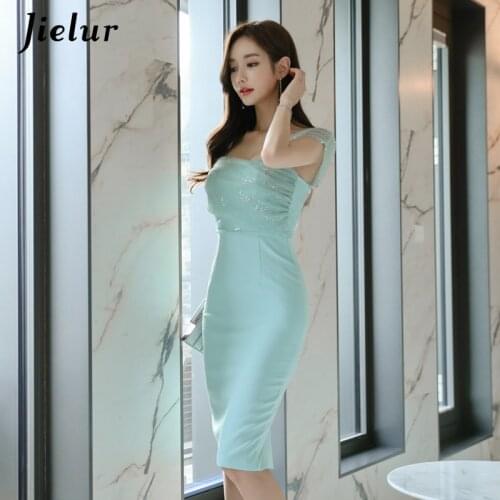 Jielur Off Shoulder Dress Womens Mesh Patchwork Summer Solid Color Slim Elegant Party Bodycon Dresses Green Sexy Club Vestidos