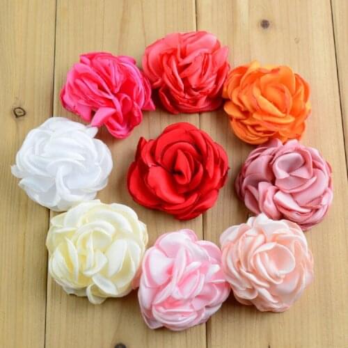 100 pcs/lot , 2" Burned Edges Satin Rose Hair Flower Brooch Pin Fabric Flowers
