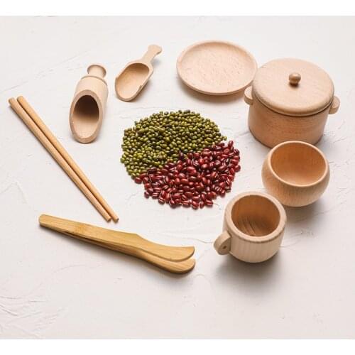 8 PCS Wooden Montessori Baby Kitchen Play House Toys Motor Skills Learning Waldorf Education Toys Dish Scoops Tongs Cup Set