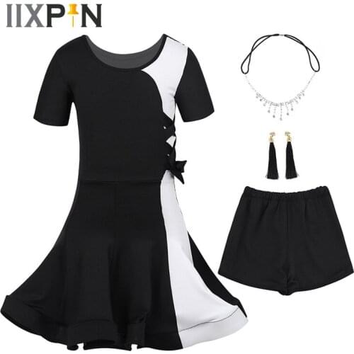 IIXPIN Kids Girls Latin Dress Dance wear Outfit Short Sleeves Color Block Dance Dress with Headwear Earrings Tight Shorts Set