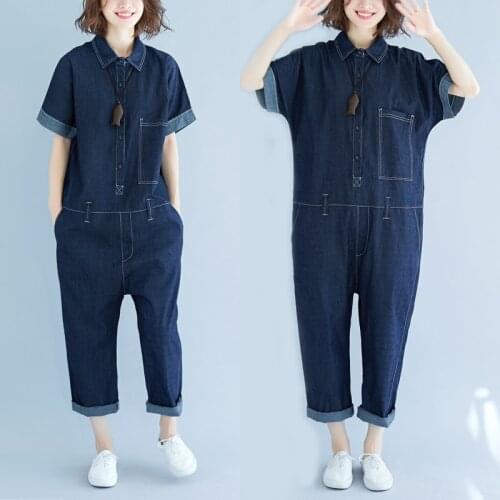 Summer Women Denim Cargo Jumpsuit Washing Short Sleeve Classic Blue Overalls Patchwork Pocket Streetwear Ankle-Length Rompers