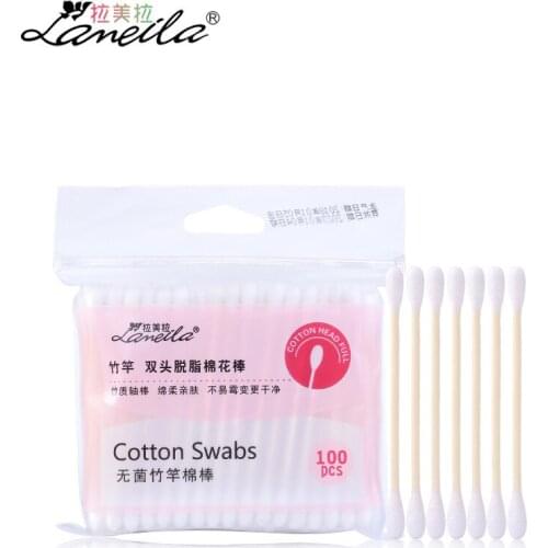 Lameila Bamboo Bar Wooden Handle Double Headed Degreasing Cotton Swabs Cotton Makeup Beauty Cotton Swab 100 PCs Bag A650