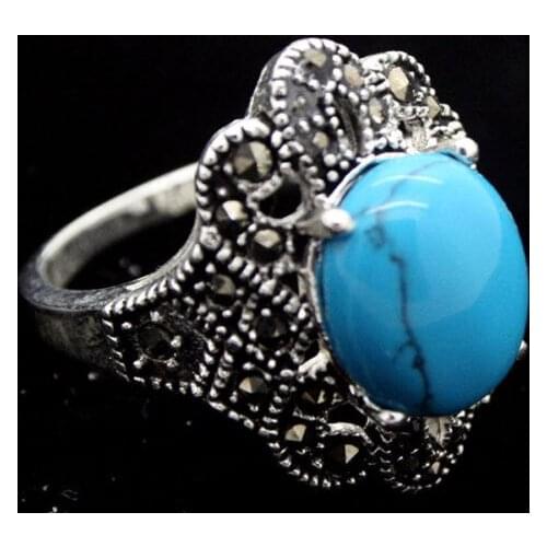 Best Gift 17*22mm VINTAGE RARE BLUE Natural Turquoise MARCASITE 925 SILVER RING SIZE 7/8/9/10