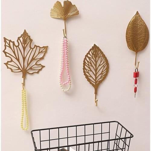 Golden Leaves Nordic Wall Hooks Hanging Clothes No-punch Wall Hanger Coat Key Hook Iron Art Wall Decorations Home Storage