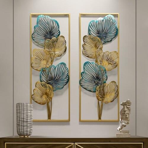 New Chinese Luxury Wrought Iron Blue Gold Leaf Wall Hanging Crafts Home Livingroom Sofa Background Wall Sticker Mural Decoration