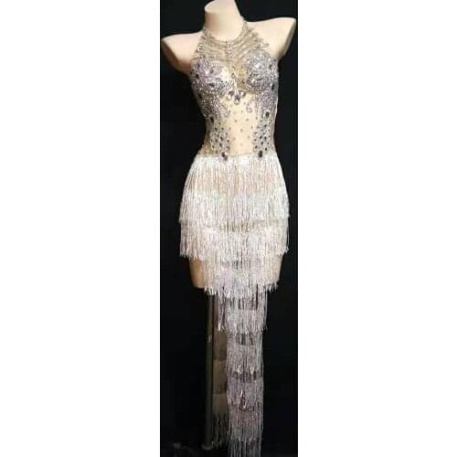 New woman latin dance dress transparant with crystal and tassles for stage performance show event