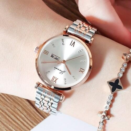 Grande New Brand Simple Women Watch Fashion Stylish Atmospheric Waterproof Stainless Steel Belt Calendar Week Quartz Watches