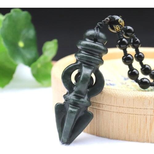 Natural Hetian Jade Pendant Necklace Carved Buddhism Instrument Vajra Magic Pestle Lucky Amulet Free Beads Chain For Men Women