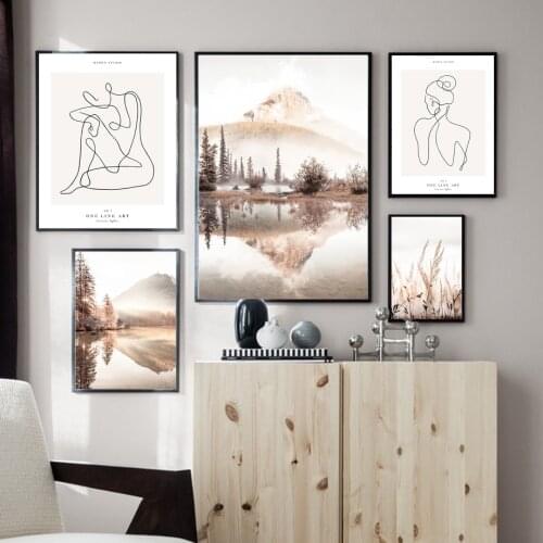 Morning Mist Sunrise Calm Lake Grass Nordic Poster One Line Wall Art Print Canvas Painting Decoration Pictures For Living Room