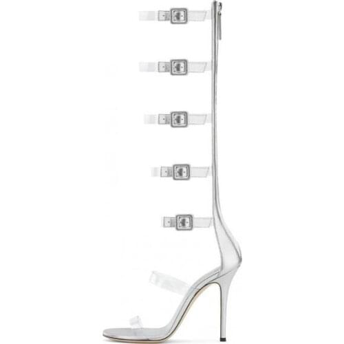 Hot Selling PVC Clear Strap Gladiator Heels Sandals Boot Open Toe Buckle Straps Silver Heels Shoes Cut-out Hollow Strappy Sandal
