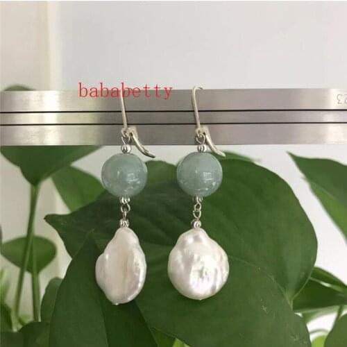 Natural white 16-20MM irregular coin shape pearls and Natural 12MM green jades Tibetan silver hooks earrings
