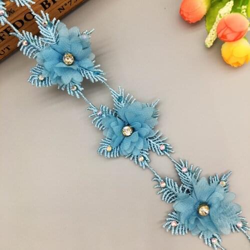 1 yard Blue Lace For Dress Ribbon Rhinestones 3D Snowflake Flower Lace Trim Knitting Wedding Embroidered Handmade Sewing Craft
