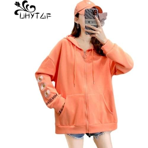 UHYTGF Oversized Hoodie Student Spring Autumn Sweatshirt Korean Loose Thin Tops Long-Sleeved Cardigan Elegant Female Jacket 1485