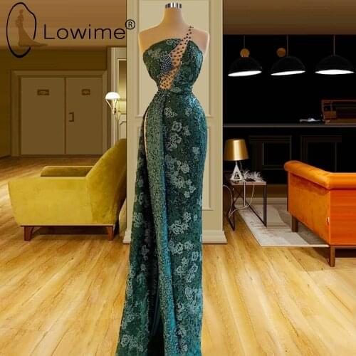 Green Long Mermaid Evening Dresses 2021 One Shoulder Beading Lace Evening Gowns Robes De Soiree Formal Prom Party Dress