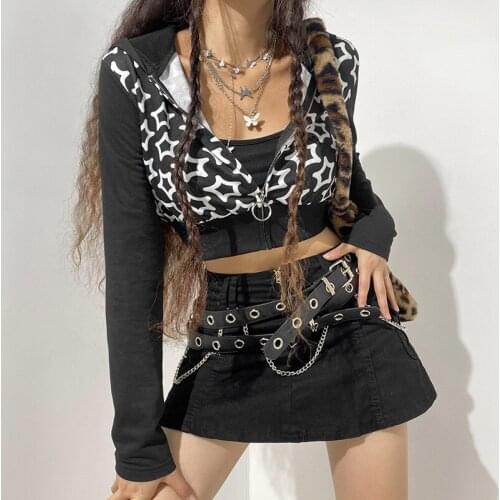 Women Short Hooded Sweatshirt, Adults Casual Star Print Long Sleeve Zipper Cardigan goth plus size women clothing fairy grunge