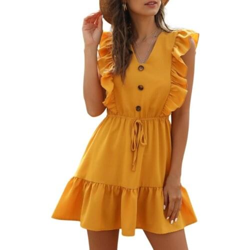 Women Sleeveless Ruffles V-Neck Button Flowy Dress Pleated Drawstring Sundress F42F